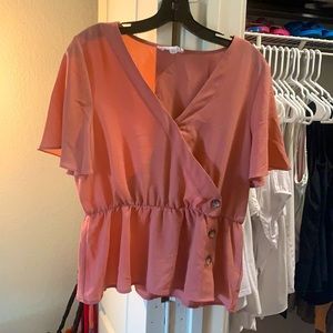 Dusty Rose Button Detail Cinched Waist Blouse